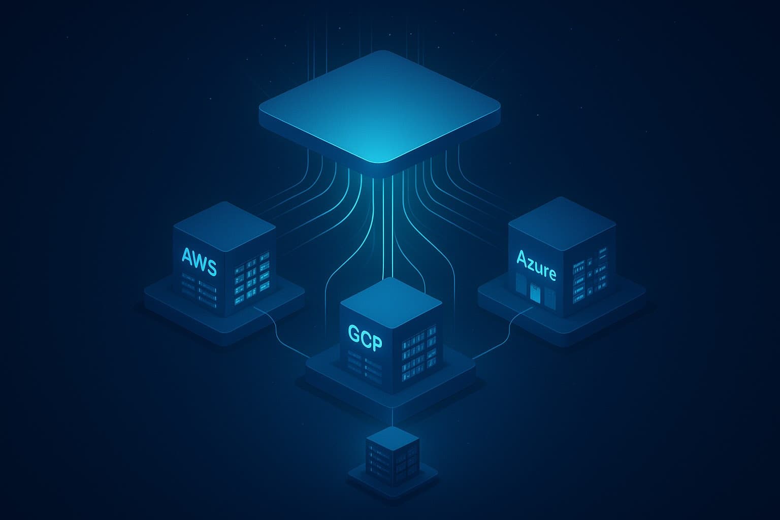 Hybrid cloud management diagram showing a single control layer handling workload placement, identity federation, and observability across AWS, GCP, and on-premises infrastructure.