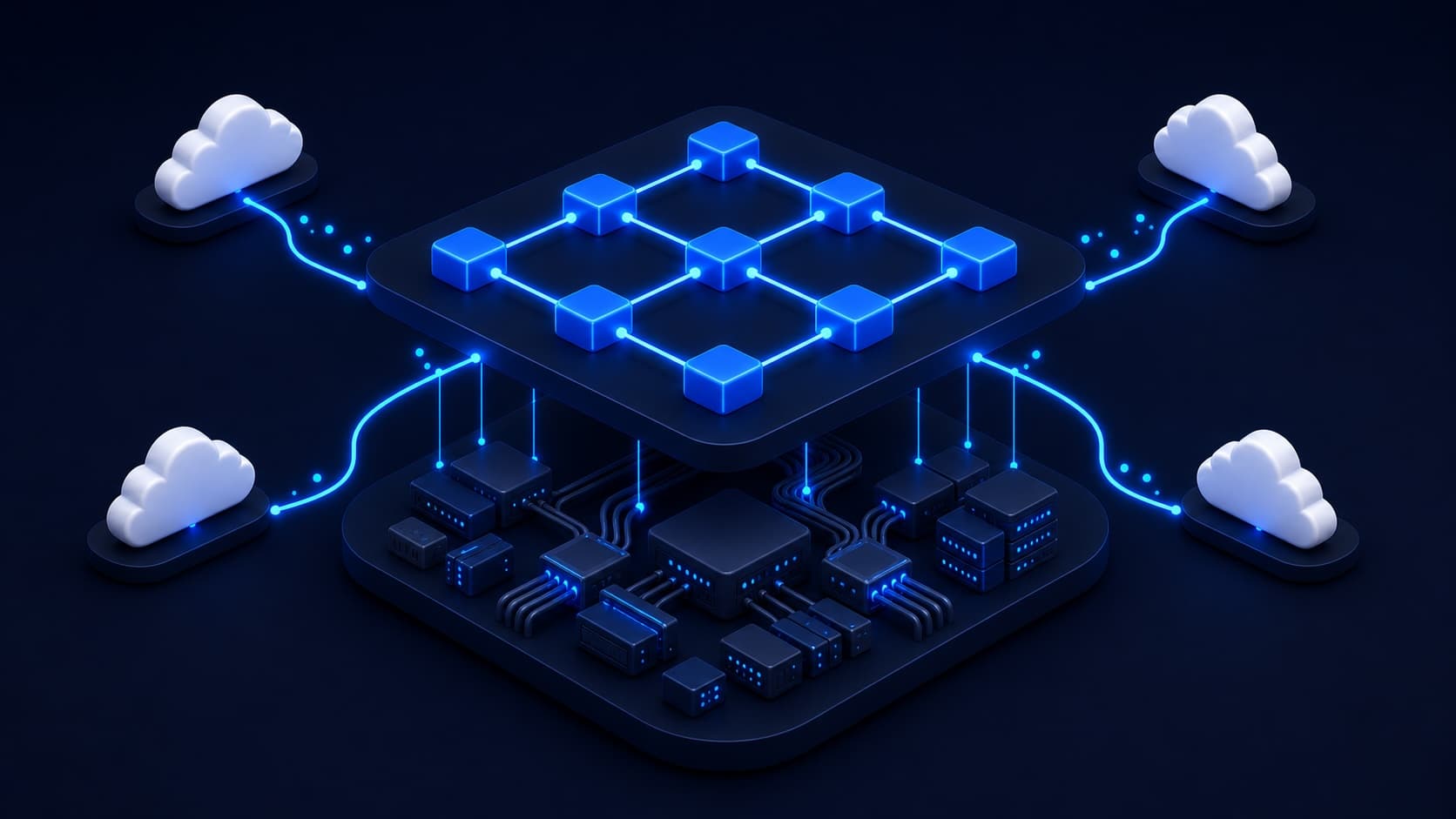 Network virtualization visualized as scattered cloud networks converging into one glowing unified fabric above the hardware.