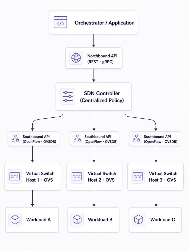 Vertical SDN architecture diagram showing an Orchestrator/Application connecting through a Northbound API to a centralized SDN Controller, which branches via Southbound APIs to three virtual switches on Hosts 1–3, each serving Workloads A–C.
