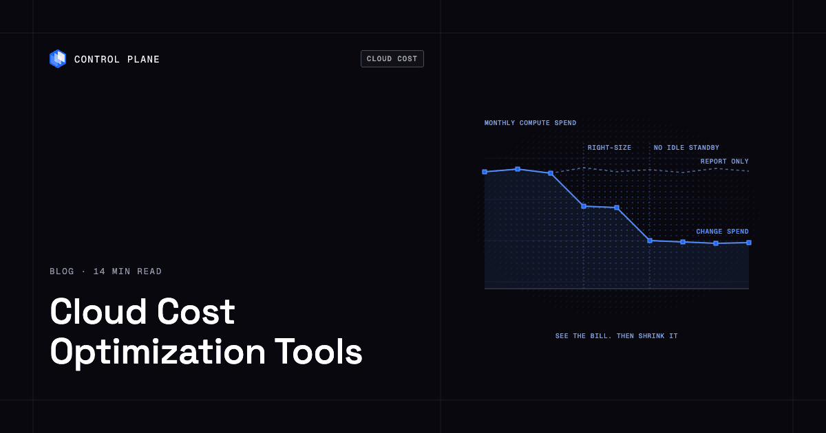 Cloud Cost Optimization Tools: monthly compute spend chart where report-only spend stays flat and changed spend drops after right-sizing and removing idle standby