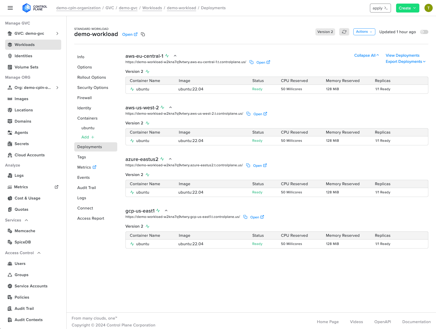 Control Plane console showing workloads across multiple cloud providers with health, location, CPU, and memory utilization.