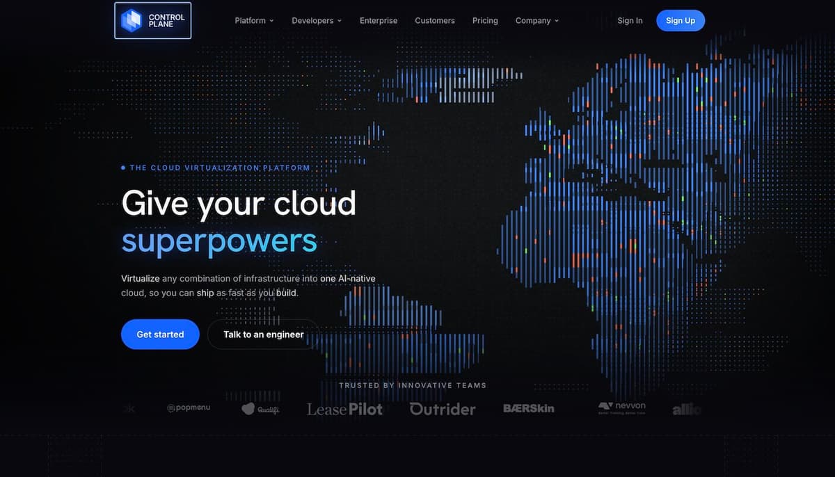 Control Plane homepage — the cloud virtualization platform that virtualizes any combination of infrastructure into one AI-native cloud so teams can ship as fast as they build.