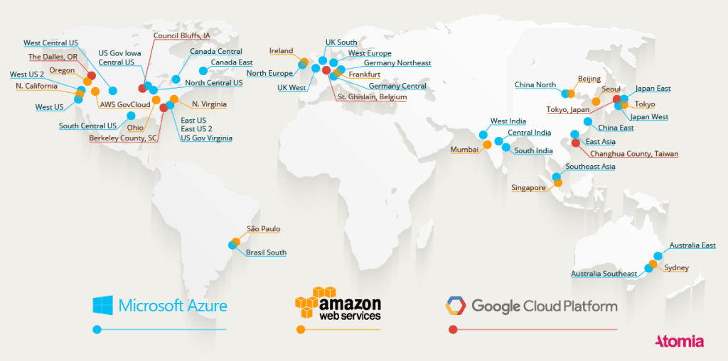 geographical coverage of AWS, Azure and Google Cloud