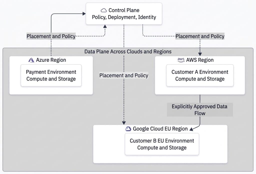 Diagram of an enterprise cloud control plane enforcing placement policy across AWS, Azure, and Google Cloud EU regions
