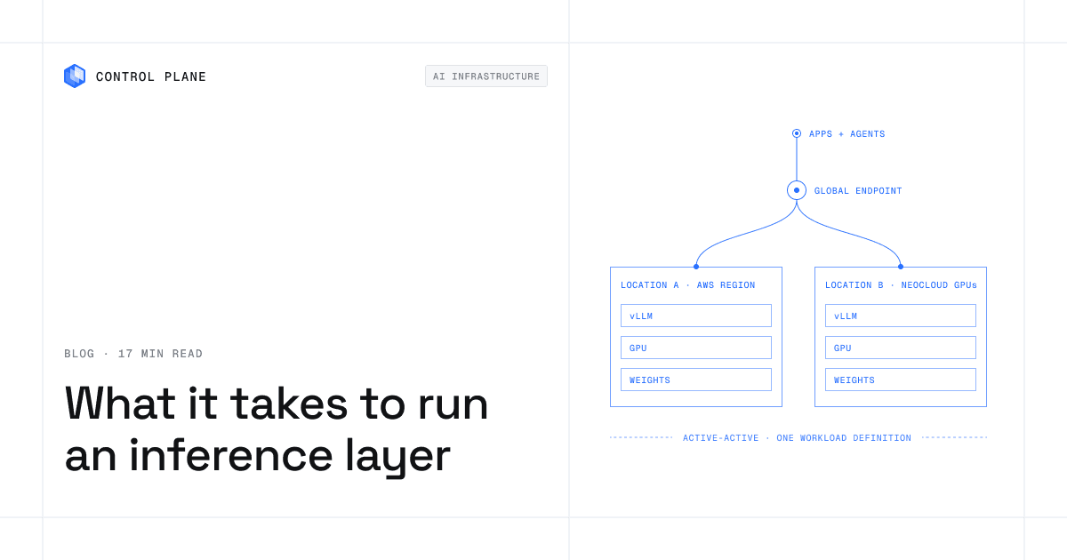 Diagram: apps and agents connect to one global endpoint that routes to two active-active GPU locations, an AWS region and neocloud GPUs, each running vLLM, GPU and model weights
