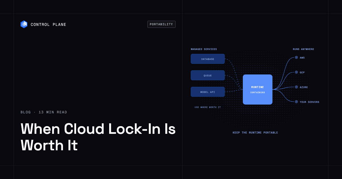 Diagram: managed services like databases, queues, and model APIs connect to a portable container runtime that runs on AWS, GCP, Azure, or your own servers