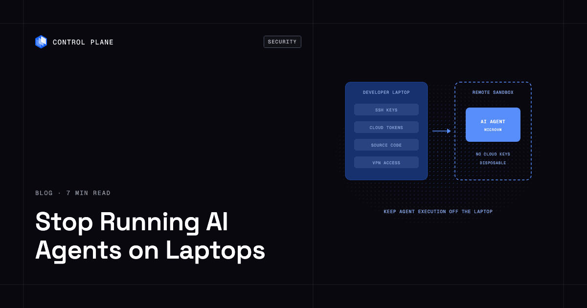 Diagram: a developer laptop holding SSH keys, cloud tokens, source code, and VPN access, with the AI agent moved into an isolated remote sandbox