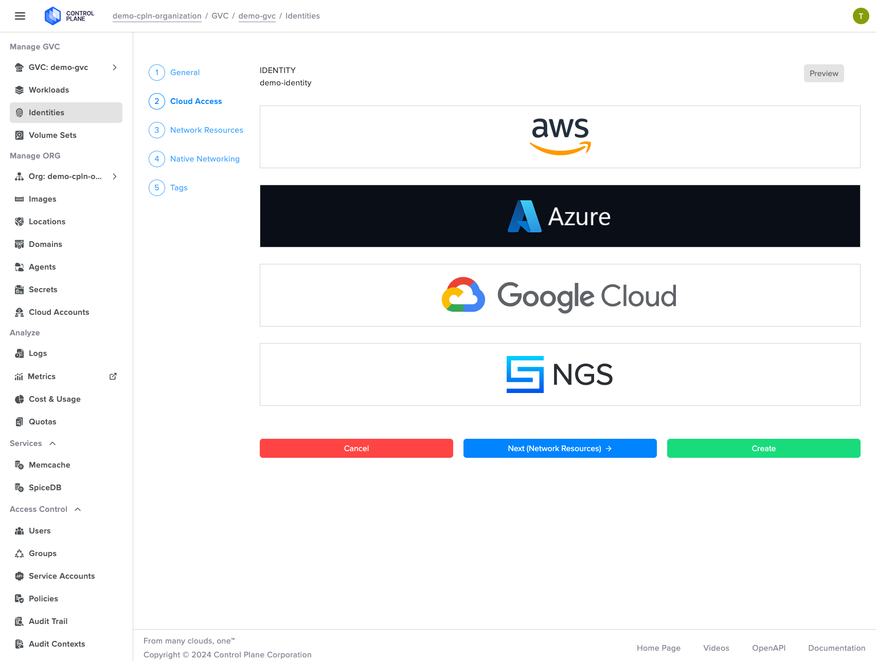 Screenshot shows Control Plane cloud access options, with large buttons highlighting AWS, Asure, Google Cloud and NGS.