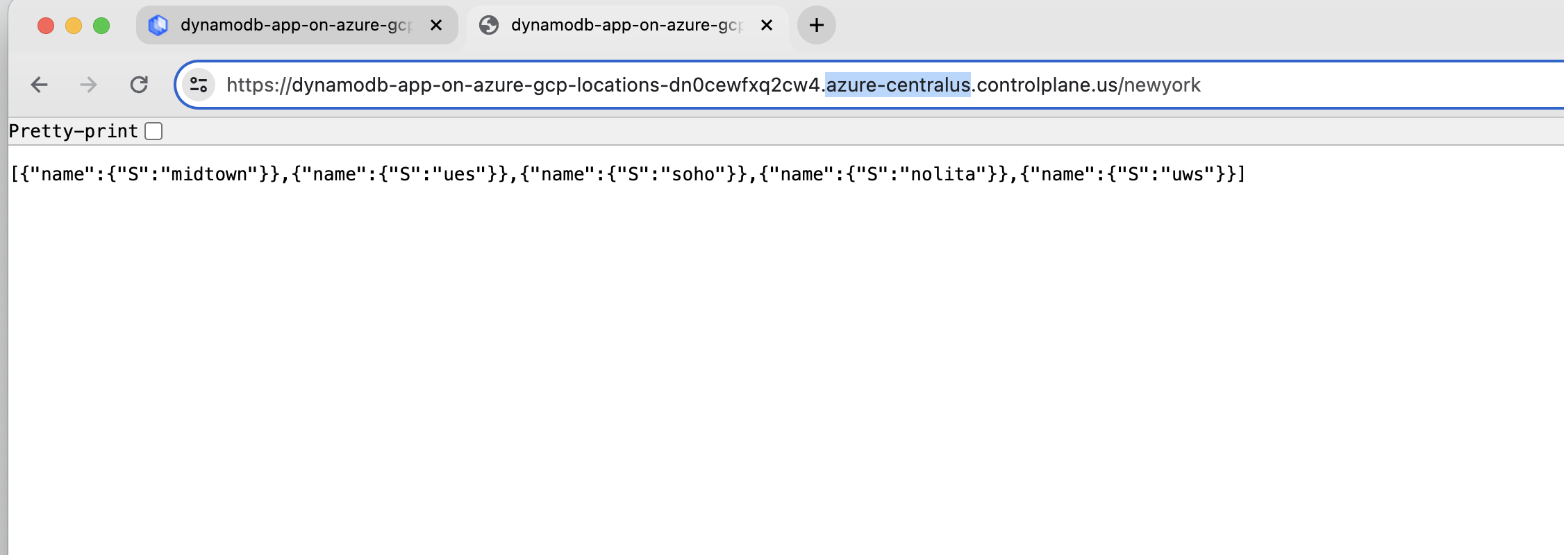 Screenshot of an endpoint URL accessing a DynamoDB table from Azure.
