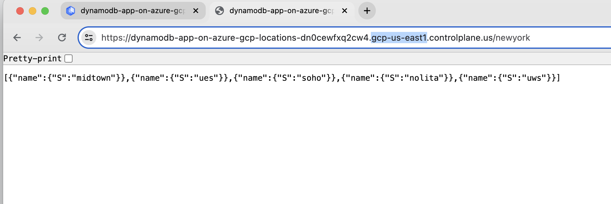 Screenshot of an endpoint URL accessing a DynamoDB table from GCP.