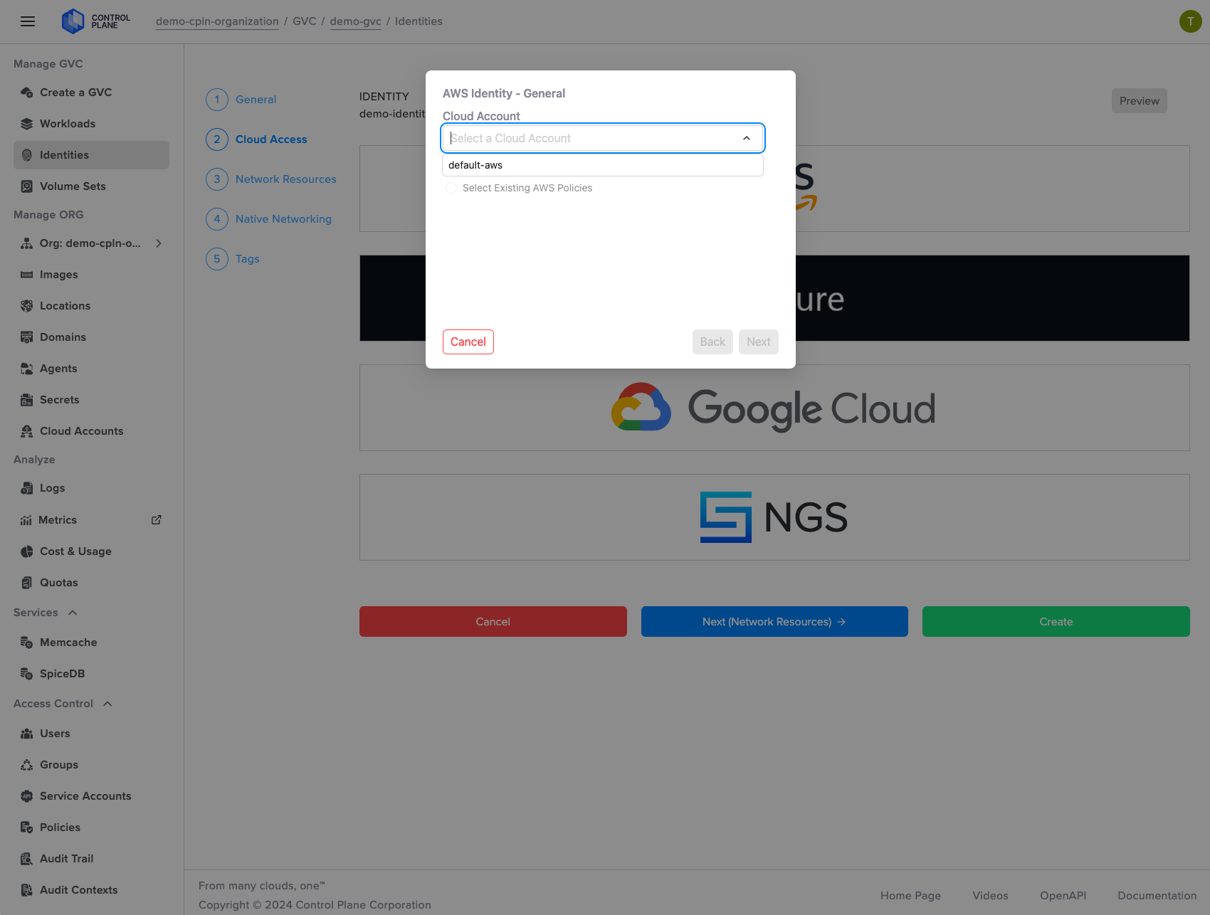 Screenshot shows the step one takes to select their existing AWS account