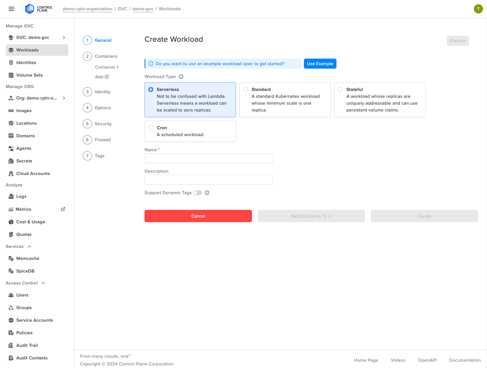Screenshot displays workload configuration deployed to a Global Virtual Cloud™ with GCP and Azure locations.