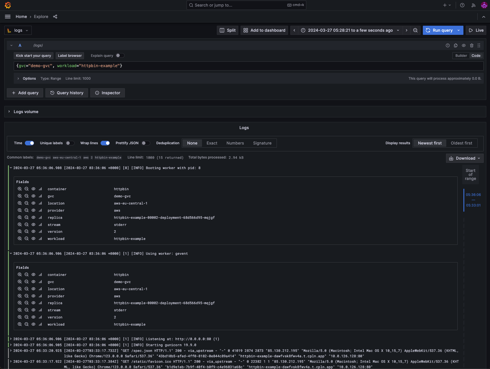 Screenshot shows the Grafana explorer interface, a popular open-source platform, which is fully integrated into Control Plane.