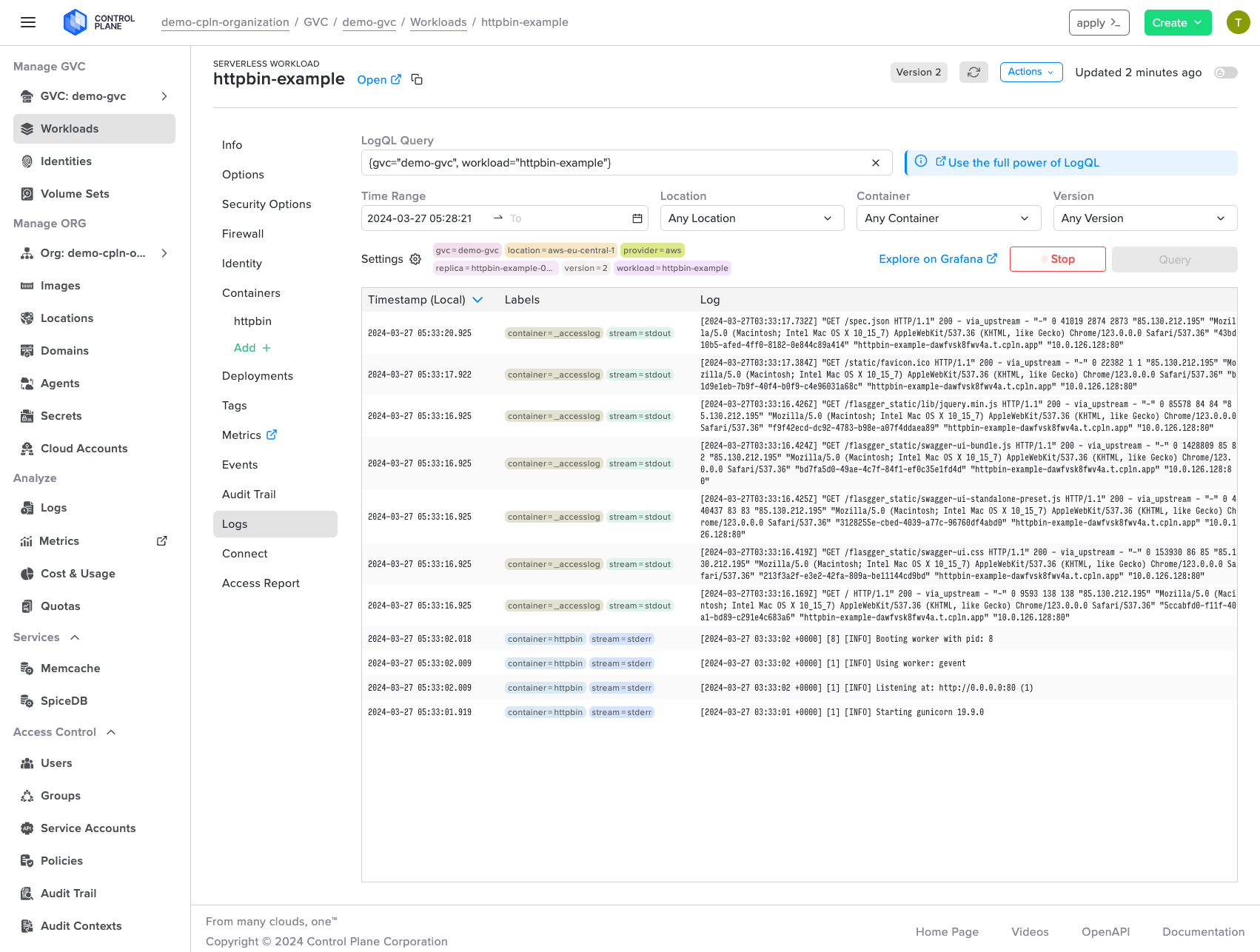 Screenshot shows the Control Plane's centralized log management interface, where users can query and view application logs across their Global Virtual Cloud.