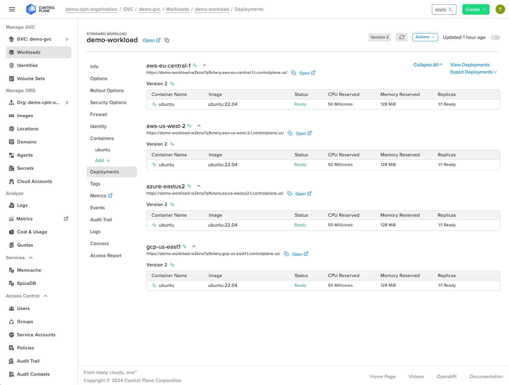 Screenshot shows the Control Plane console, providing a clear and consolidated view of each deployment, including details like health status, current location, CPU, and memory utilization, across multiple cloud providers and regions.